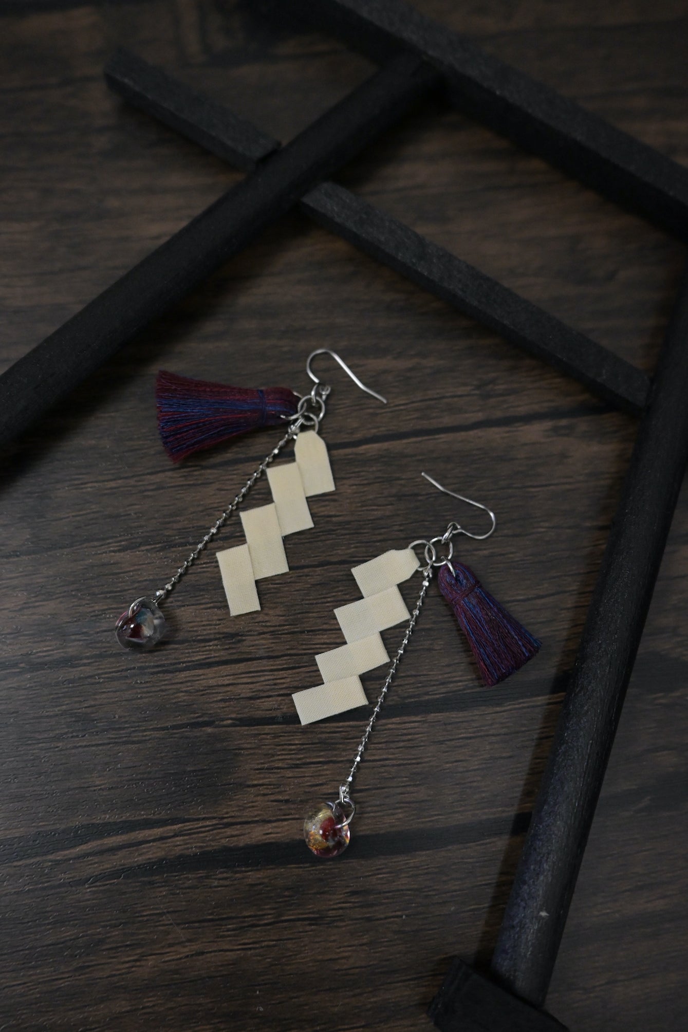 神社紙垂｜耳環 (藍紅色)